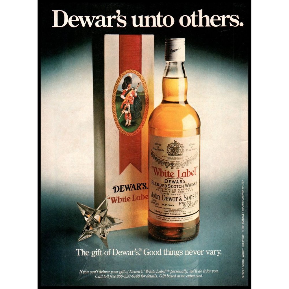 1982 Dewars White Label Scotch Vintage Print Ad Christmas Crystal Star Wall Art